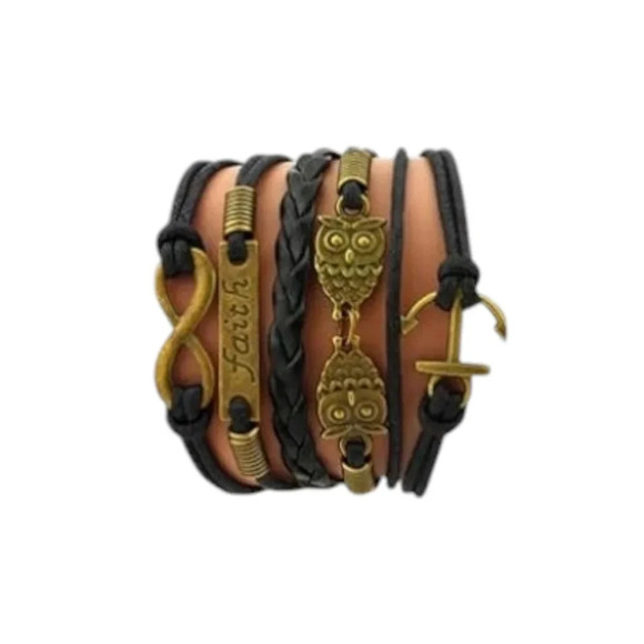 Infinity Love Owl Anchor Faux Leather Multi-layered Bracelet - Picture 3 of 3